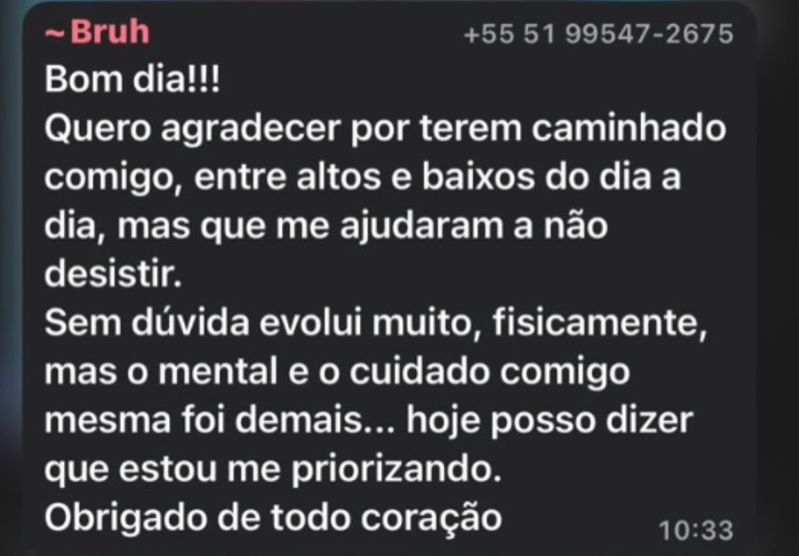 Depoimento sobre evolução física, mental e autocuidado